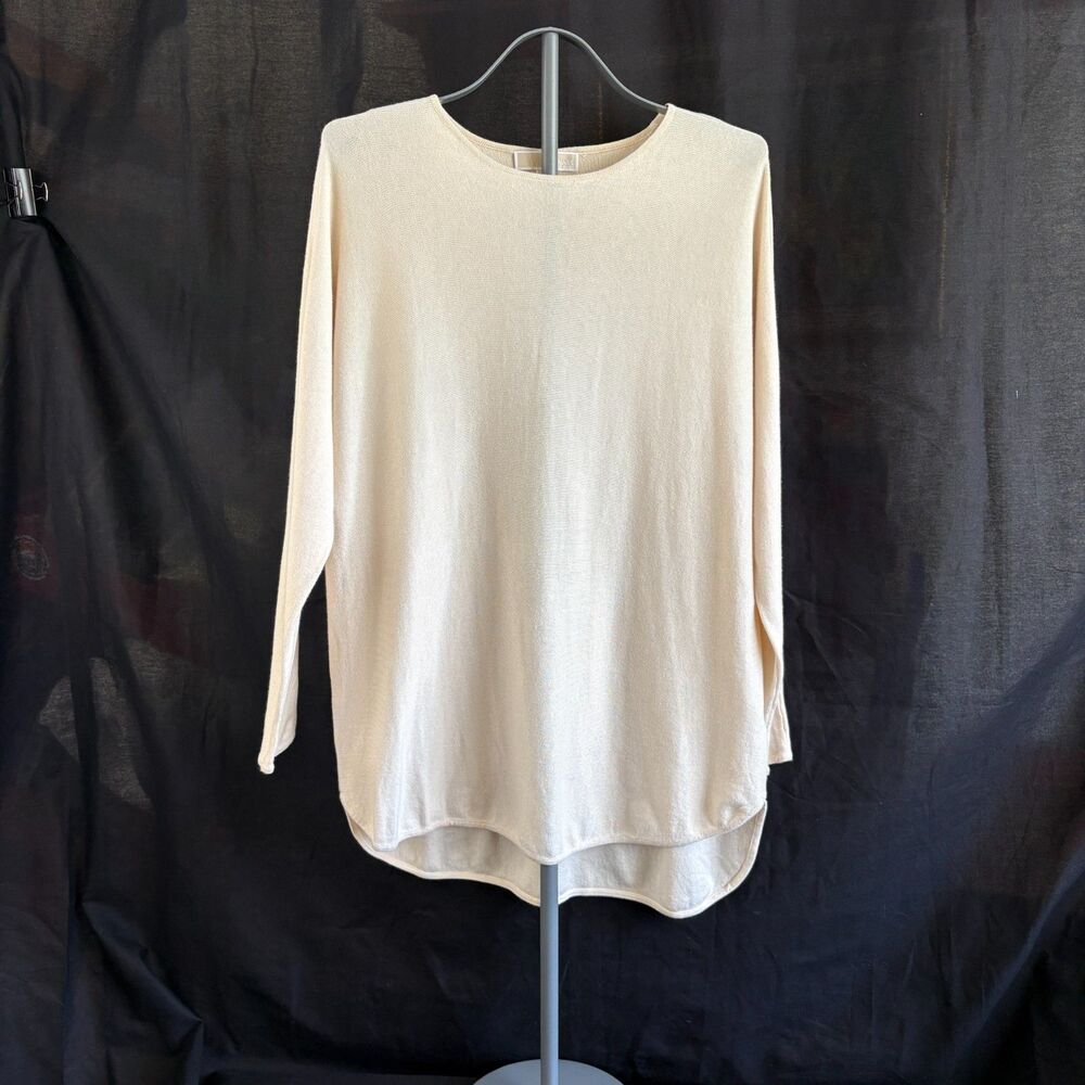 Michael Kors Cream Knit Tunic Sweater L Dolman Sleeve High Low Hem Cotton Blend